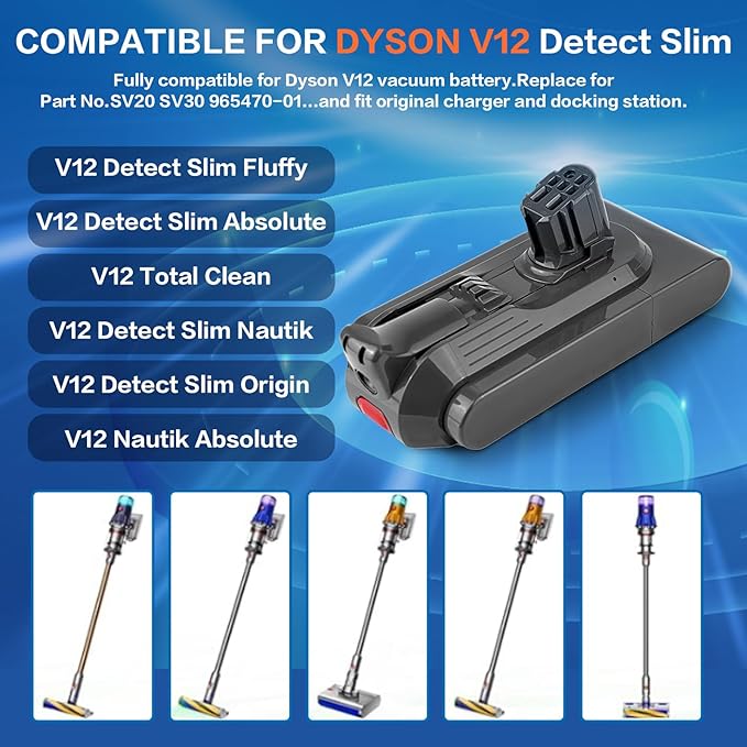 YAYA-Bechine Replacement for 3500mAh V12 Battery for DysV12 Detect Vacuum Series Including Slim, Absolute, Fluffy Series, SV46 Vacuum Cleaner Battery Part No. 965470-01 (Does not fit SV12 V10 V11)