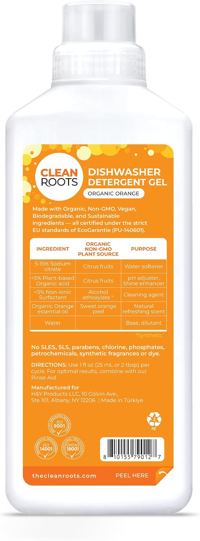 Dishwasher Detergent Gel – Plant-Based Formula, Made with Organic Ingredients, Scented with Organic Orange Essential Oil – 33.8 fl oz (1 L), Pack of 3