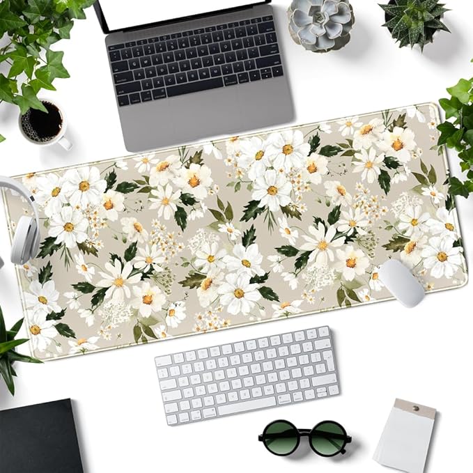 Daisy Floral Daisies Large Mouse Pad Watercolor Flowers Desk Mat, Washable Mousepad LYC Cloth Stitched Edges Women Girls Gaming Mousepad Computer Pc Laptop Desk Mat 31.5 X 11.8 in