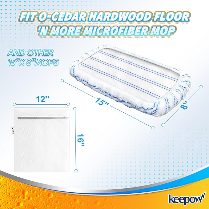 KEEPOW Reusable Mop Pads Compatible with O Cedar Hardwood Floor'N More Microfiber Mop, Mop Refill Heads Replacements for Wet and Dry Use, 15x8 Inch (2 pcs)