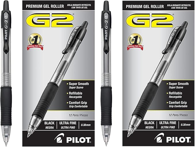 PILOT G2 Premium Refillable & Retractable Rolling Ball Gel Pens, Ultra Fine Point .38 mm, Black Ink, 24-Count (31277)
