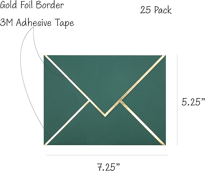 A7 Envelopes - V Flap Foil Border Luxury Mailing Envelopes for 5" x 7" Cards - for Wedding, Invitations, Baby Shower, Photos, Graduation, Birthday, Bridal Shower - 5.25" x 7.25" (Dark Green, 25 Pack)