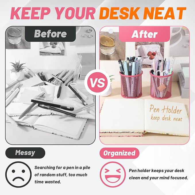 Segarty Pen Cup, 3 Pack Cute Dark Pink Pen Holder, Round Mesh Pencil Holder for Desk, Desktop Accessories Organizer for Office Supply, School, Home Storage, Makeup Brush Organization