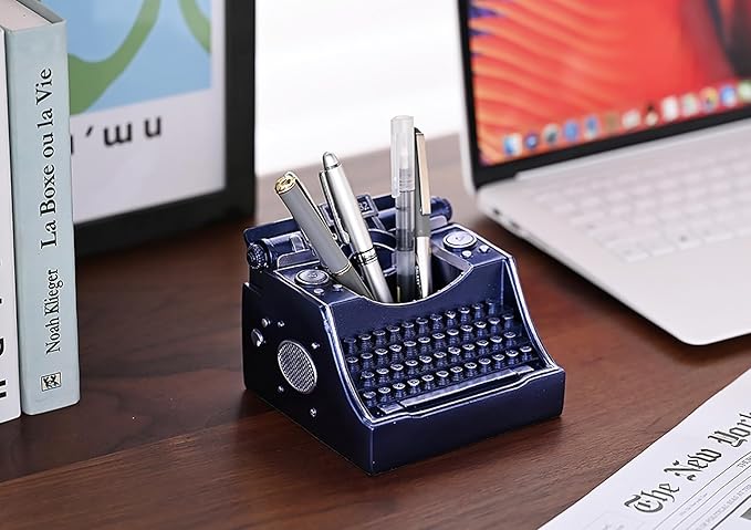 Retro Typewriter Pen Holder Vintage Desk Accssories Unique Cool Gifts for Writer Typewriter Lovers and Secretary Cute Funny Pencil Cups for Office Home School (Blue)