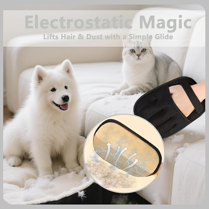 Glirops 2-Pack Electrostatic Pet Hair Remover Gloves - Reusable Dog & Cat Hair Removal Brush for Furniture,Car Interiors,Bedding and Clothing