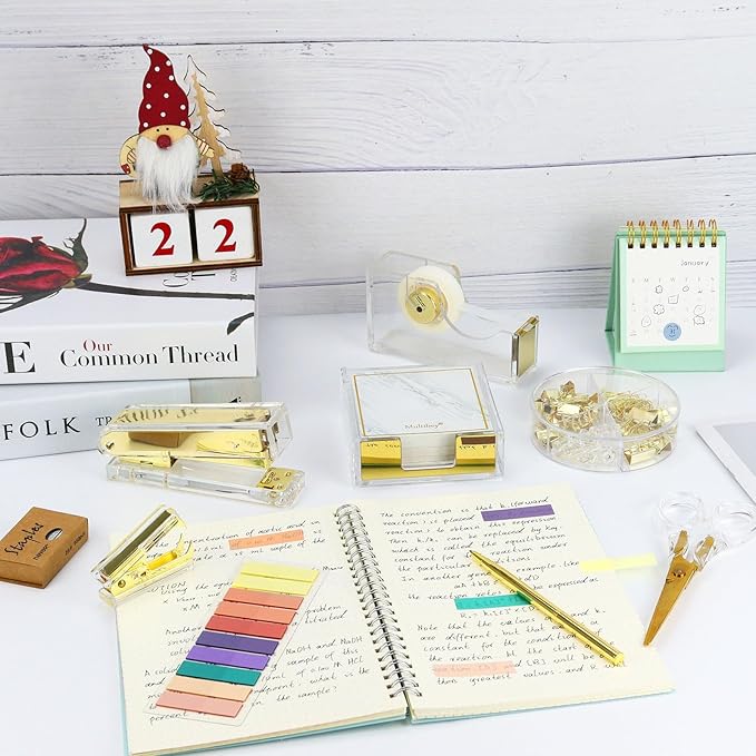 Buqoo Gold Acrylic Sticky Notes Holder Stapler and Tape Dispenser Cutter with Staple Remover, Sticky Notes, Paper Clips, Scissor, Ballpoint Pen for School Home N Office Supplies