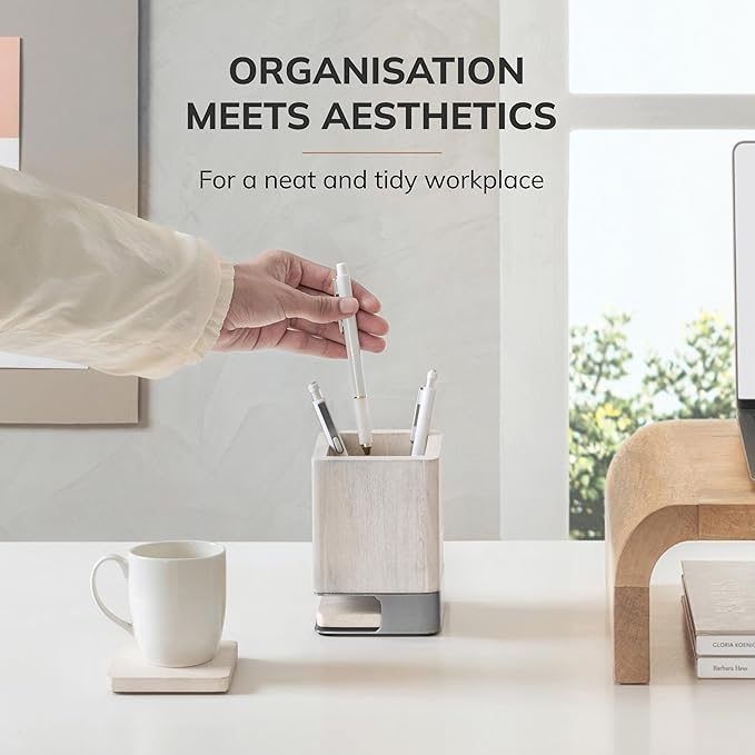 Anji Mountain Mango Wood Pen Holder with 2 Coasters, Stained Wood & Powder Coated Metal Pen Holder, Sustainable Room Decor Desk Organizer, Stylish Designer Pencil Case for Office Supplies