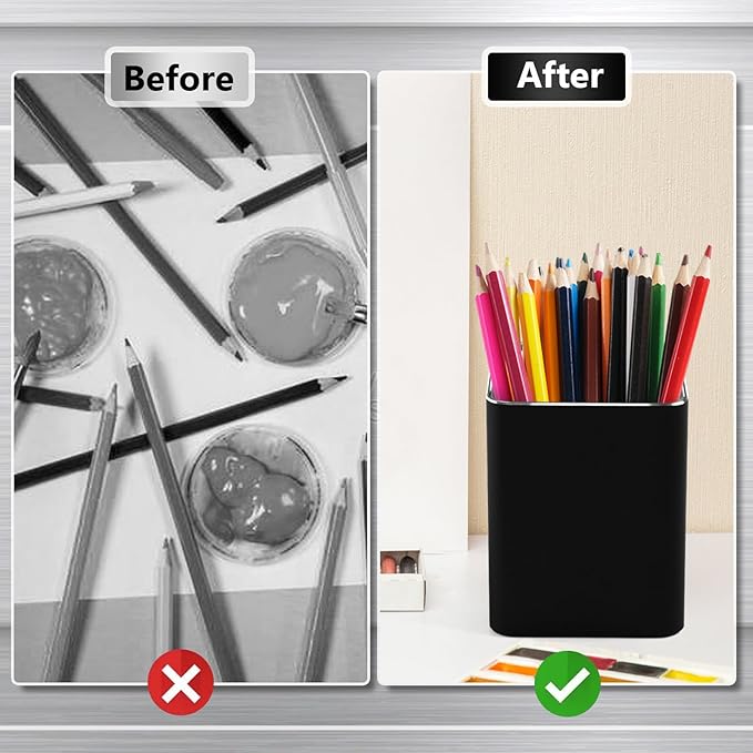 RQB Metal Pen Holder for Desk Square Aluminum Desktop Organizer and Makeup Brush Holder Storage Box for Office, School, Home, and Kids, Non-slip silicone 4×3.15inch (Black)