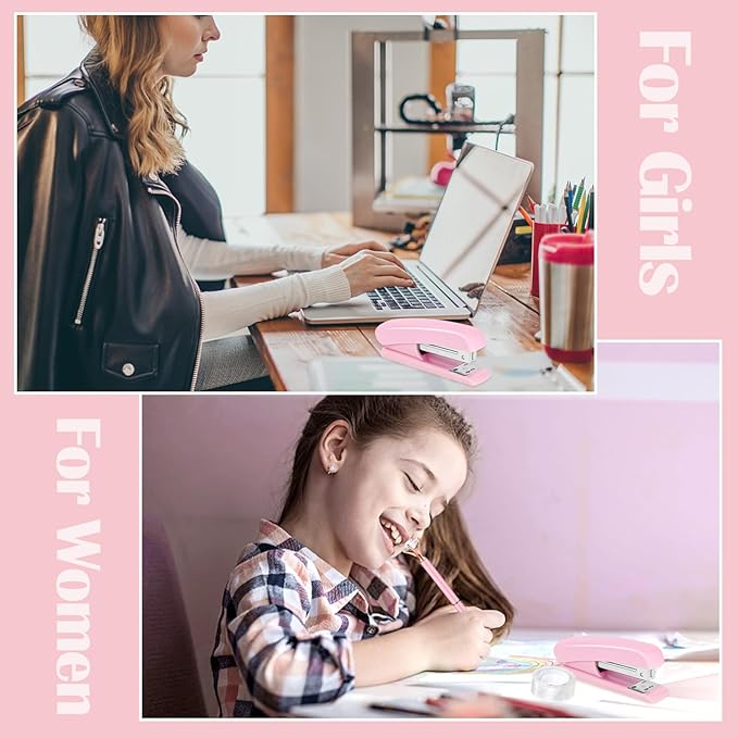 13 in 1 Pink Office Supplies, Pink Desk Accessories for Women with Stapler,Tape Dispenser,1000 Staples,Pen Holder,Staple Remover,Clips,Ruler,Scissors, Tabs,Tape,Ballpoint Pen