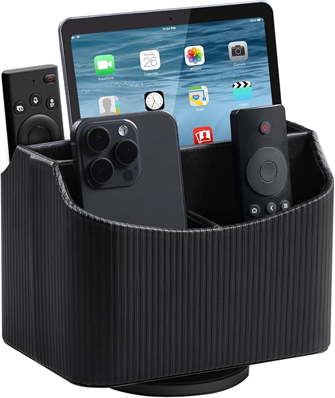 PU Leather Remote Control Holder, 360 Degree Rotating Desk Organizer Storage Table Remote Caddy, Spinning Bedside Organizer Nightstand Organizer for Desktop Office Home Black