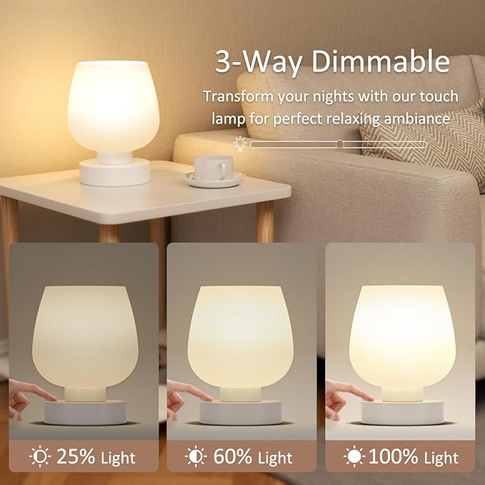 Touch Bedside Table Lamp Set of 2 - Small Bedside Lamp for Bedroom Living Room Night Stands, Desk Lamp with White Glass Shade for Small Spaces, 3 Way Dimmable, LED Bulbs, Gifts