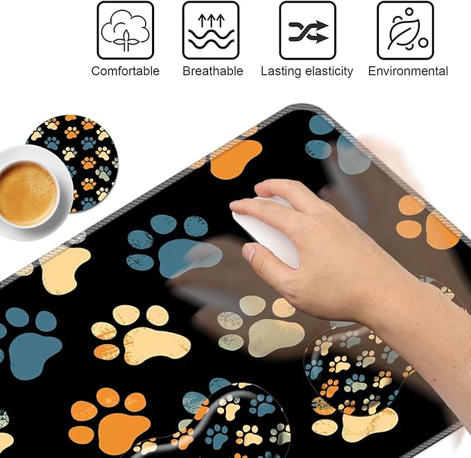 Keyboard Mouse Pad Set,Large Mouse Pad+Keyboard Wrist Rest+Wrist Support+Coaster,31.5x11.9in Extended Desk Mat for Computer Laptop Office Home - Cute Dog Paw Print