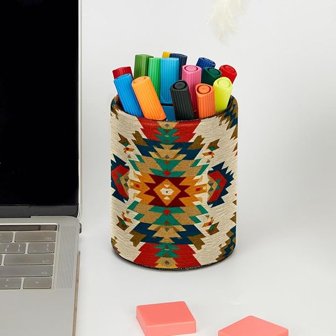 1 Pack Western Vintage Print Circular Pen & Pencil Holder - Durable PU Leather Pencil Cup, Desk Accessories Organizer for Office Desk School Home