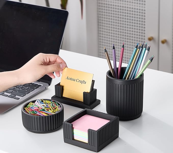 Aesthetic Charcoal Black Pen Holder for Desk - Concrete Modern Sturdy Black Pencil Holder for Desk- Cement Fluted Pen Cup Organizer - Minimalist & Modern Industrial Aesthetics to Office Decor