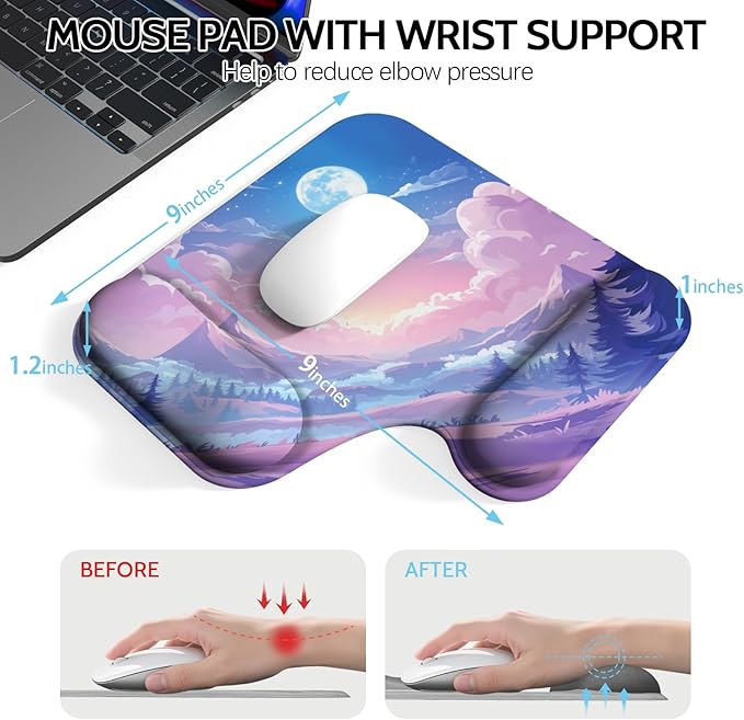 Ergonomic Mouse Pad with Gel Wrist Rest (1"& 1.2" Dual Height) - Mouse Pads Compact Mousepad Desk Mat Office, Gaming & Carpal Tunnel Relief | Non-Slip Rubber Base| Cloud Moon