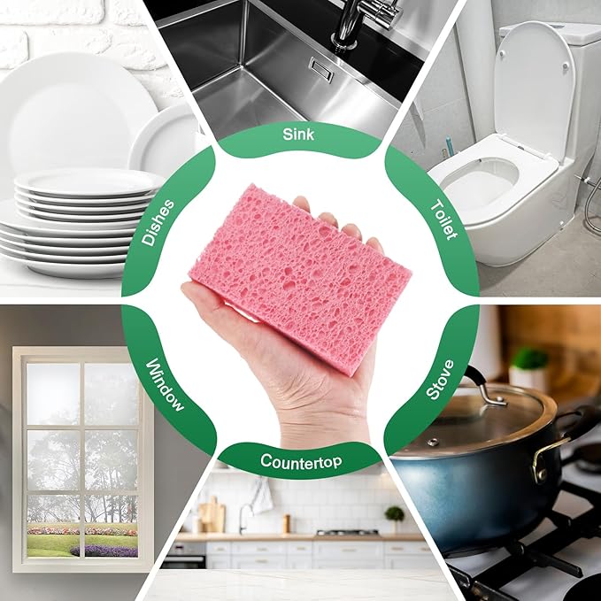 M METERXITY 6-Pack Kitchen Sponges, Condense Eco Cellulose Non-Scratch Scrub Heavy Sponge for Kitchen/Household/Bathroom, Clean Tough Messes Dish Scrubber [Pink]