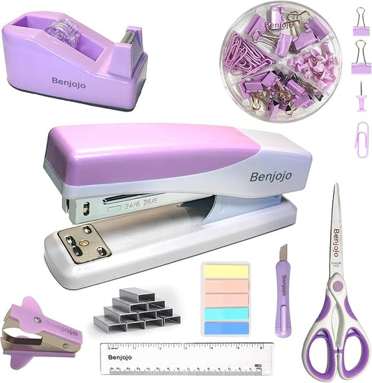Purple Office Supplies, Purple Desk Accessories for Women, Cute Stapler and Tape Dispenser Set- Staple Remover, Clips, Staples, Scissor, Knife, Ruler, Tabs, Gift for Coworkers, Students