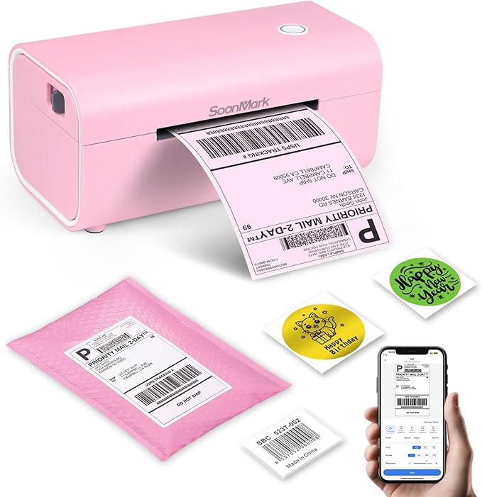 Bluetooth Thermal Label Printer, Wireless 4x6 Shipping Label Printer for Small Business Shipping Packages, Compatible with iPhone, Android, Mac, Windows, Etsy, Ebay, Shopify, USPS (Pink)