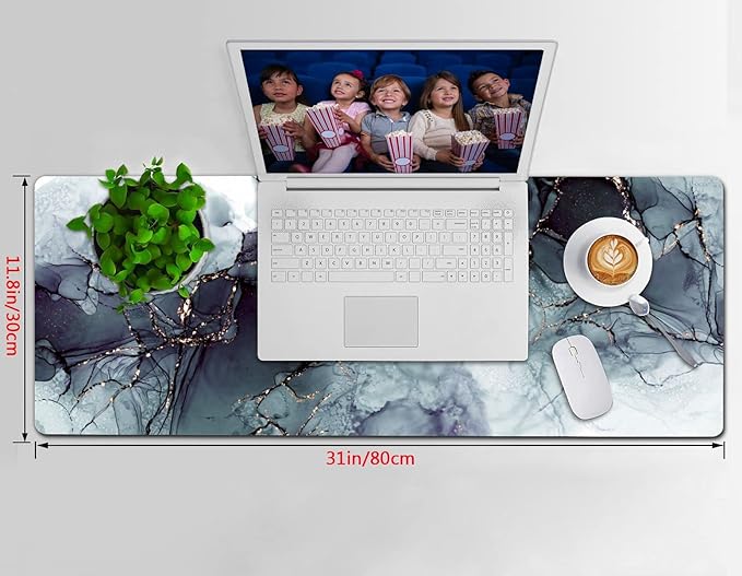 Extended Gaming Mouse Pad (31.5x11.8 in), Large Non-Slip Rubber Base Mousepad,Keyboard Mouse Mat Desk Pad for Work, Game, Office, Home -Painting Ink Blue Black Rose Gold Marble, Bo-M-010