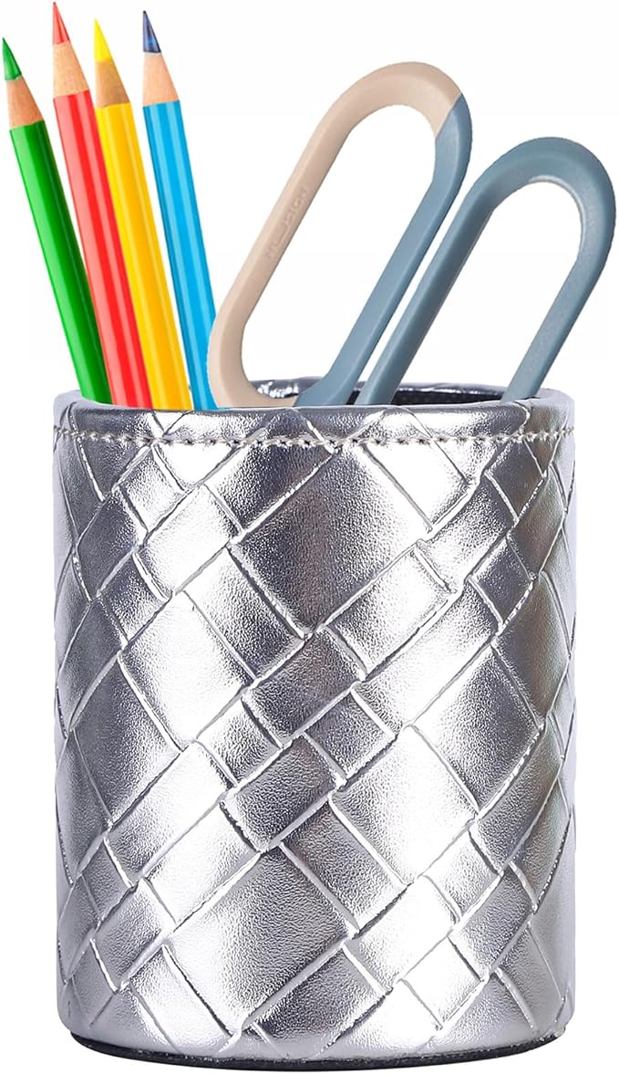 Pen Holder for Desk Cute, PU Leather Pen Stand for Cosmetics Office Organization, Makeup Brush Cup Silver Grid PH112