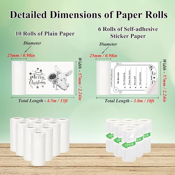 16 Rolls Mini Thermal Printer Paper, Including 6 Sticker Paper & 10 Plain Paper Rolls for Mini Portable Printers, 57X25 mm, Suitable for Various Inkless Sticker Printers
