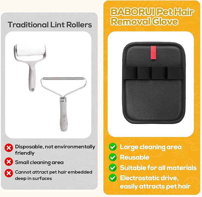 BABORUI Pet Hair Removal Glove - 2 Pack Electrostatic Gloves Pet Hair, Remover Glove Lint Rolls into Strips, Cat and Dog Hair Remover Tool for Furniture, Car, Couch, Carpet, Clothes