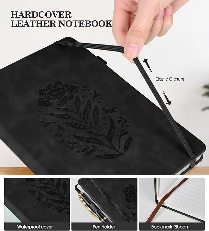 Lined Journal Notebook for Women, A5 Pink Hardcover Leather Journals for Writing, 200 Pages Travel Daily Journal,Thick College Ruled Notebook for Work School, Note Taking, Business 5.75'' X 8.38'' Black