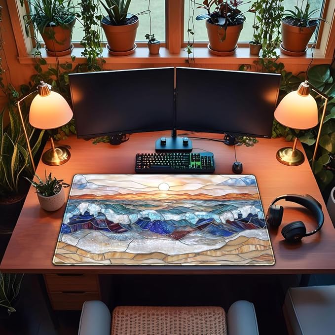 Mountain Sunrise Gaming Mouse Pad Large Desk Mat Extended Mouse and Keyboard Pad, Faux Stained Glass Nature Mousepad with Stitched Edge Mouse Desk Pad Computer Mat Soft Aesthetic Decor 31.5 X 15.7 in