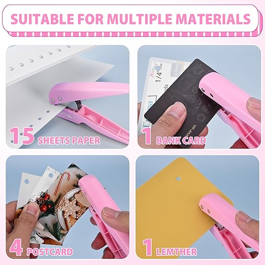 Single Hole Punch, 1/4" Hole Punches, 50% Labor Savings, Paper Hole Puncher, 15 Sheet Capacity, for Paper Cards Plastic Cardboard, Lightweight, Pink
