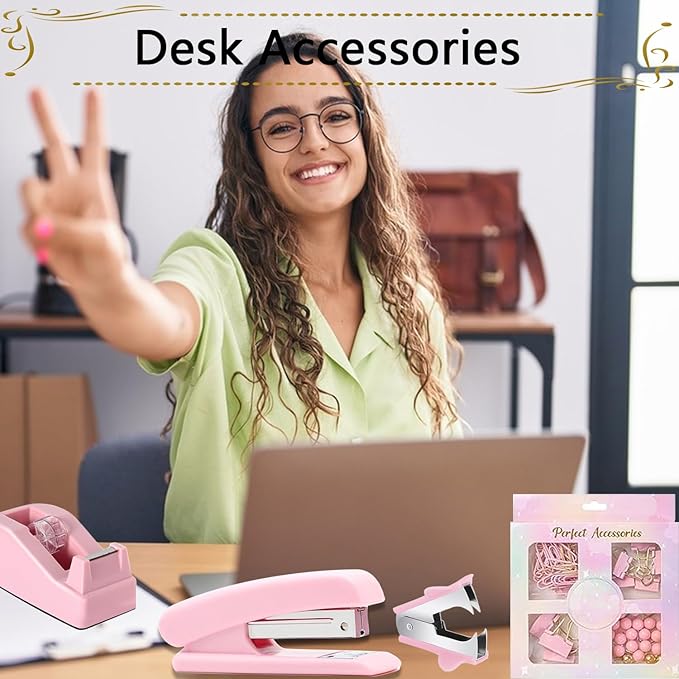 Office Supplies Set,Desk Accessories,Stapler and Tape Dispenser Set,1000 Staples,Staple Remover,Hinder Clips,Ruler,Scissor,Clear Tape,Ballpoint Pen,Sticky Notes,Gifts for Colleagues(Pink)