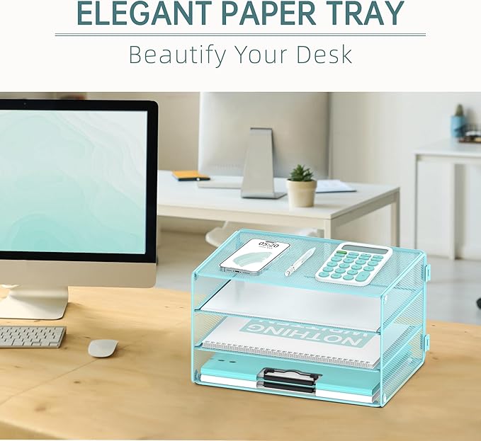 DALTACK 3 Tier Letter Tray Paper Organizer Mesh Metal Desk File Organizer for Home & Office, Light Blue