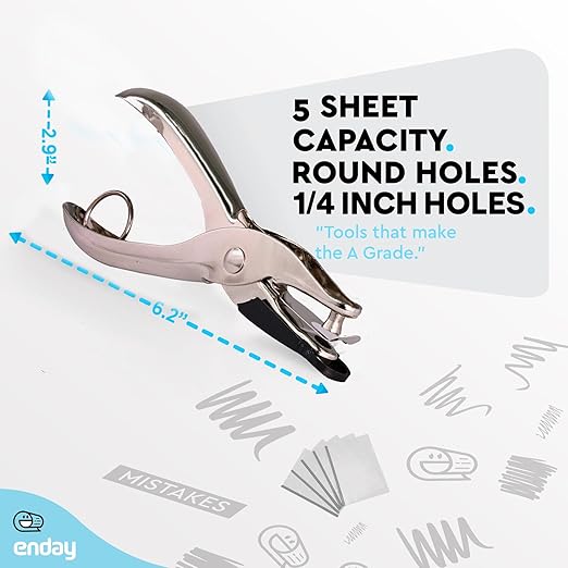 Single Hole Punch Metal, 1/4” Hole Puncher for Paper and Crafts Round Circle Shape, 5 Sheet Capacity Paper Punch, Single Hole Puncher for Home, Office, School Supplies, Silver - by Enday