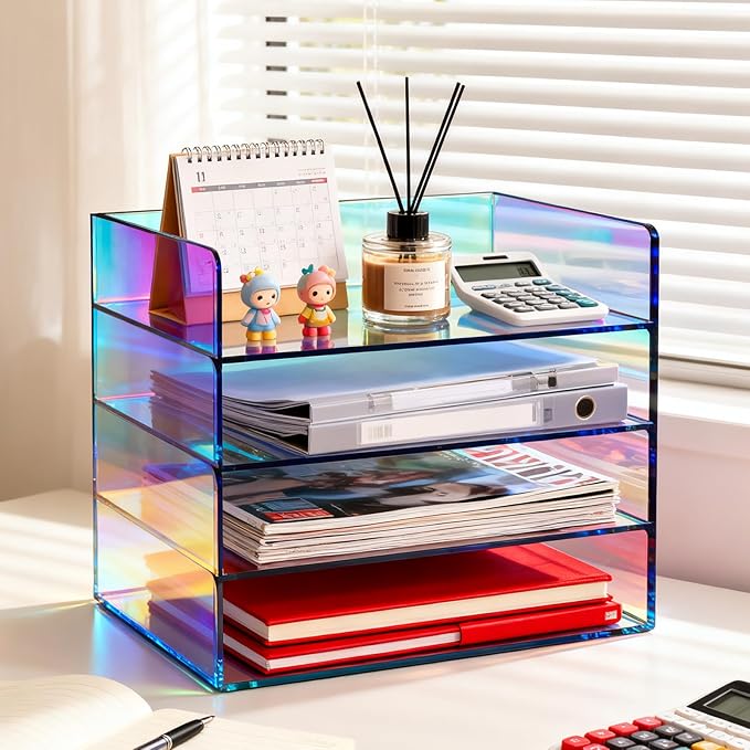 Gelite Acrylic File Organizer for Desk 4 Tiered Stackable Letter Tray Office Paper Storage Desktop Document Sorter, Iridescent