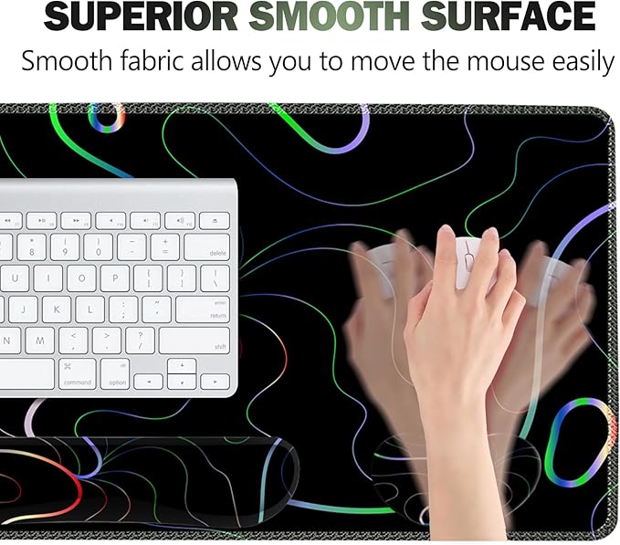 ARTSO Gaming Mouse Pad Wrist Support Set, XXL Large Desk Mat Mousepad + Keyboard Wrist Support+ Mouse Wrist Rest+Coaster 4in1 Ergonomic, Memory Foam, Stitched Edge for Home Office -Colorful Lines