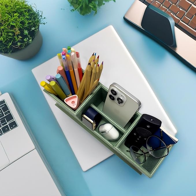 UnionBasic Desk Organizer, Desktop Caddy Leather Multi-compartment Pen Holder Office Stationer Organizer, Malachite Green