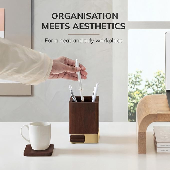 Anji Mountain Mango Wood Pen Holder with 2 Coasters, Stained Wood & Powder Coated Metal Pen Holder, Sustainable Room Decor Desk Organizer, Stylish Designer Pencil Case for Office Supplies