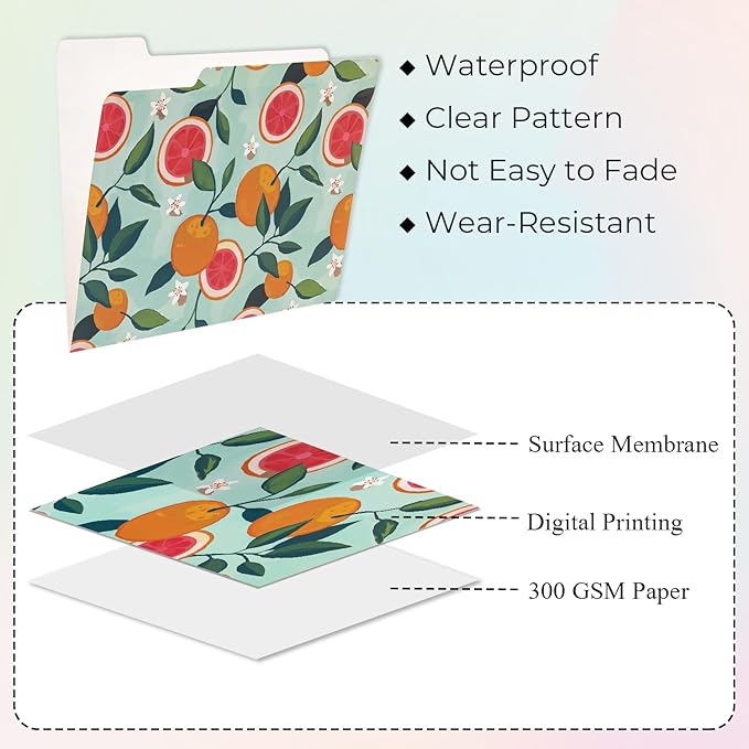 Y YOMA 12 Pack Decorative File Folders Letter Size File Folder with 1/3-Cut Tab Cute Pretty Colored Heavyweight Filing Folder File Organizers for Office School Home Desktop, Tropical Fruits