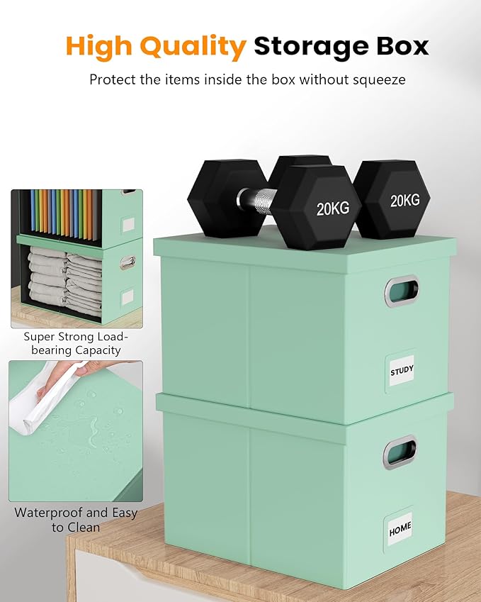 Oterri File Organizer Box,Filing Box with Lid,File Box for Letter/Legal File Folder Storage, Portable Hanging File Box for Office/Decor/Home,1 Pack, Mint-green(Leather),Box only