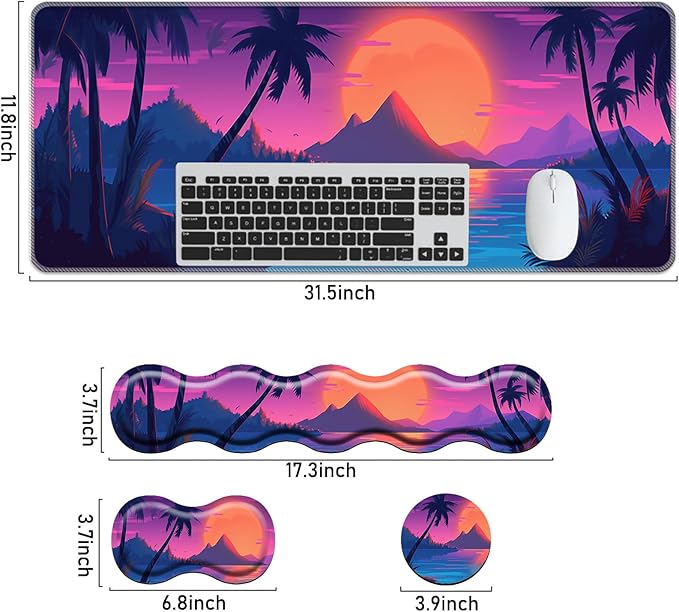 Keyboard Mouse Pad Set,Large Mouse Pad+Keyboard Wrist Rest+Wrist Support+Coaster,31.5x11.8in Extended Desk Mat for Computer Laptop Office Home-Sunset Beach Palm Trees
