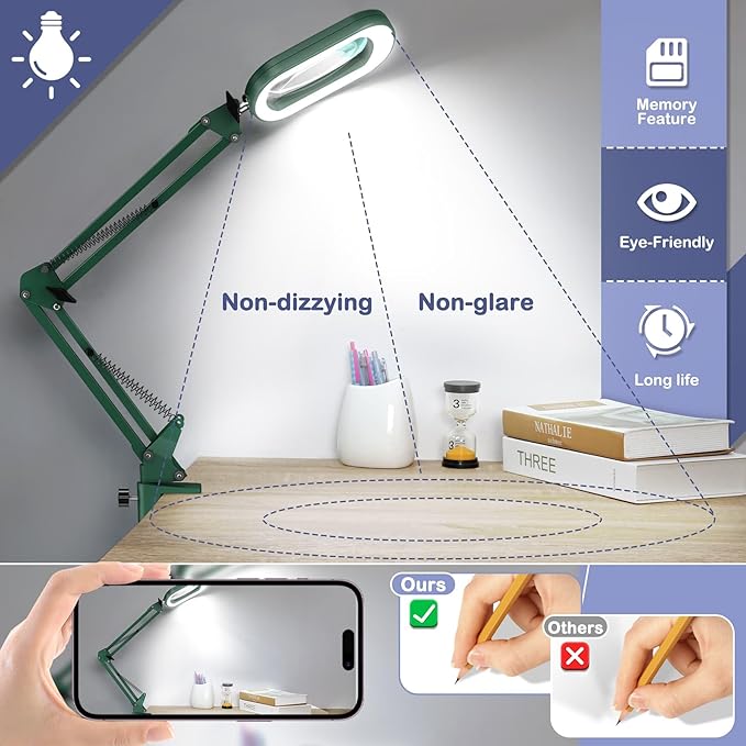 10X Square Magnifying Glass with Light and Stand, Real Glass LED Lighted Magnifier, 5 Color Modes Stepless Dimmable, Hands-Free Mag Desk Lamp with Clamp for Reading Craft Hobby Close Work - Green