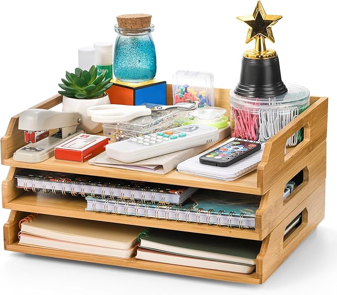 Okllen 3 Pack Stackable Paper Trays, Bamboo Desk Letter Tray Set, 3 Tier File Document Organizer Tray for A4 Paper, Magazine, Receipts, Office Supplies