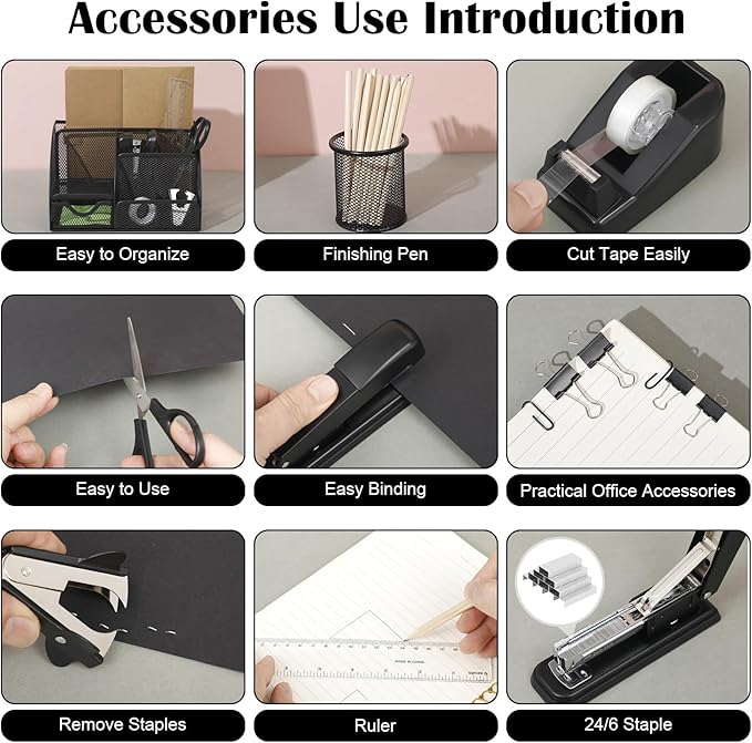 Black Desk Organizer and Accessories, Black Desk Asccessories Office Supply Kit Include Mesh Desktop Organizer Stapler 1000 Staples Tape Dispenser Pen Holder Staple Remover Clips Ruler Scissors