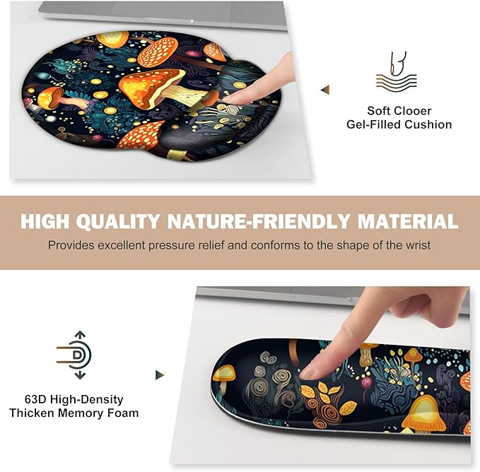 Gaming Mouse Pad, Large Desk Mat, Cute Desk Pad Protector, 4in1 XXL Mousepad + Keyboard Wrist Rest+Mouse Wrist Rest+Coaster Set with Ergonomic Desk Pad for Home Office Table Computer, Lovely Mushroom