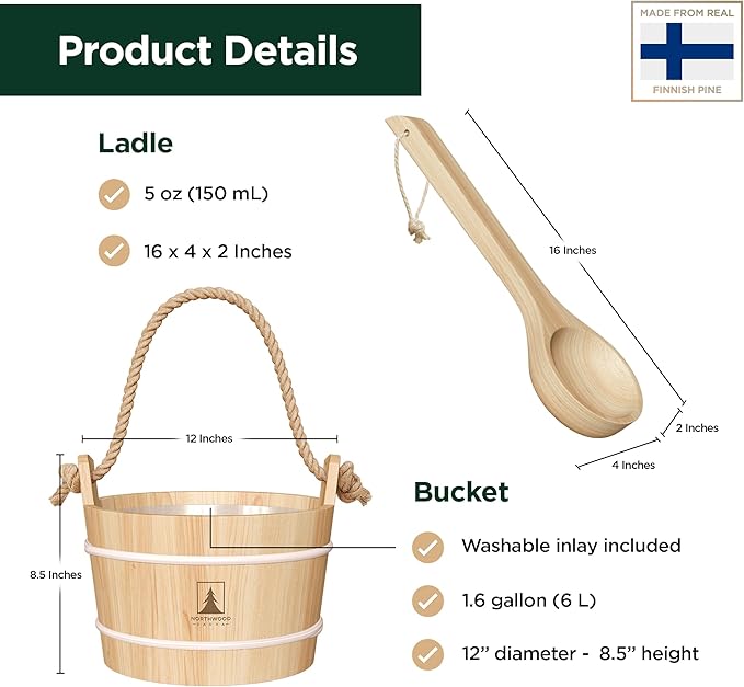 Sauna Bucket and Ladle Set - Handmade from Finnish Pine Wood - Natural Rope Handle - 1.6 Gallons (6 Liters) Water Capacity
