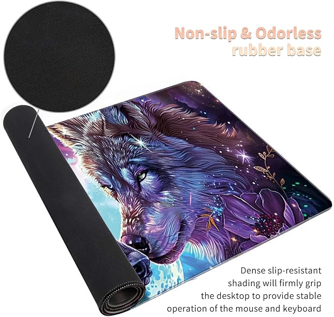 Desk Mat Large Gaming Mouse Pad (31.5x11.8 inch) with Stitched Edges, XL Mouse Pad +Coaster, Extended Mouse Mat Keybroad Mousepad Non-Slip Rubber for Gamer Men Women, Purple Magic Wolfs