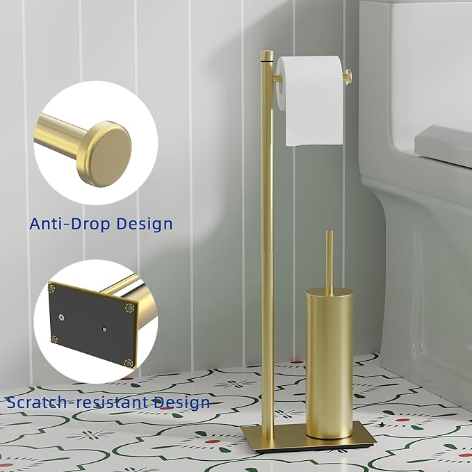 RUACQ Toilet Paper Holder Stand with Toilet Brush and Holder Set, 304 Stainless Steel Bathroom Toilet Tissue Paper Roll Holder Free Standing, Weighted Base, Heavy Duty (Brushed Gold)