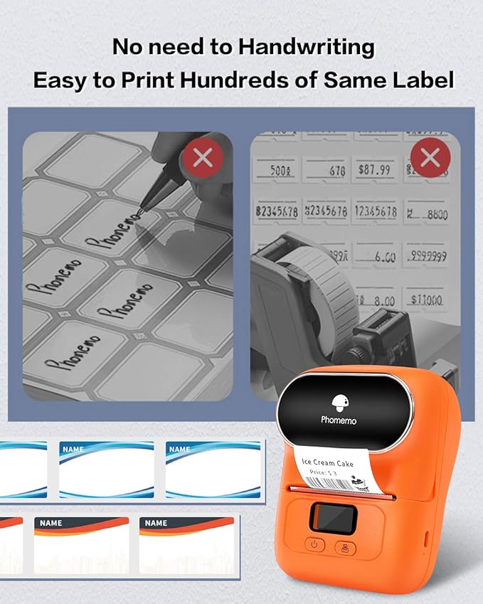 Phomemo M110 Label Maker- Mini Portable Bluetooth Thermal Label Printer for Clear Label, Barcode, Clothing, Office, Business, Compatible with Android & iOS, Orange