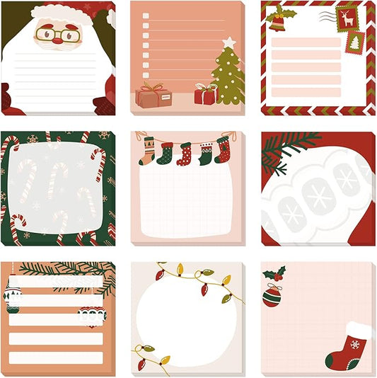 9 Pieces Christmas Sticky Note Christmas Candy Note Pads 450 Pieces of Christmas Santa Claus Notepad Self Adhesive Notebook Removable Memo Pads, 50 Sheets Each for Christmas School Office Home Present