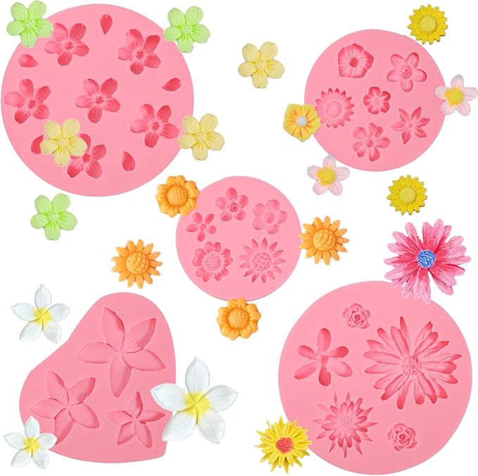 5 Pcs Daisy Flower Fondant Molds, Reusable Narcissus Flowers Chocolate Silicone Molds for Cupcake Decoration, Cookie Candy Dough Glue UV Resin Clay, Thanksgiving Mother's Day Gift