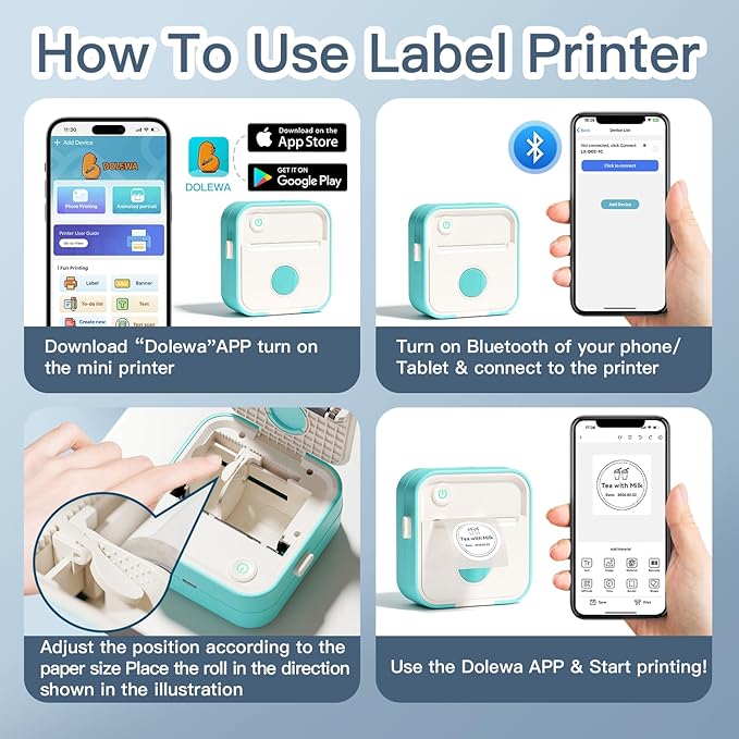 Label Maker Machine with Tape, Little Printer, Portable Thermal Printer Compatible with iOS & Android, Sticker Maker for School, Home, Office, Photos, Notes (Blue)